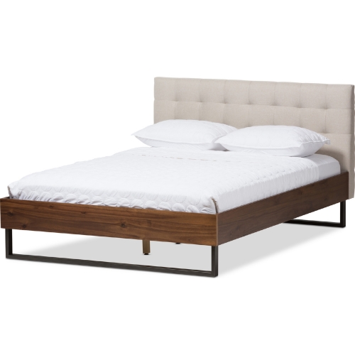 Mitchell King Platform Bed in Beige Fabric, Walnut Finish & Bronze